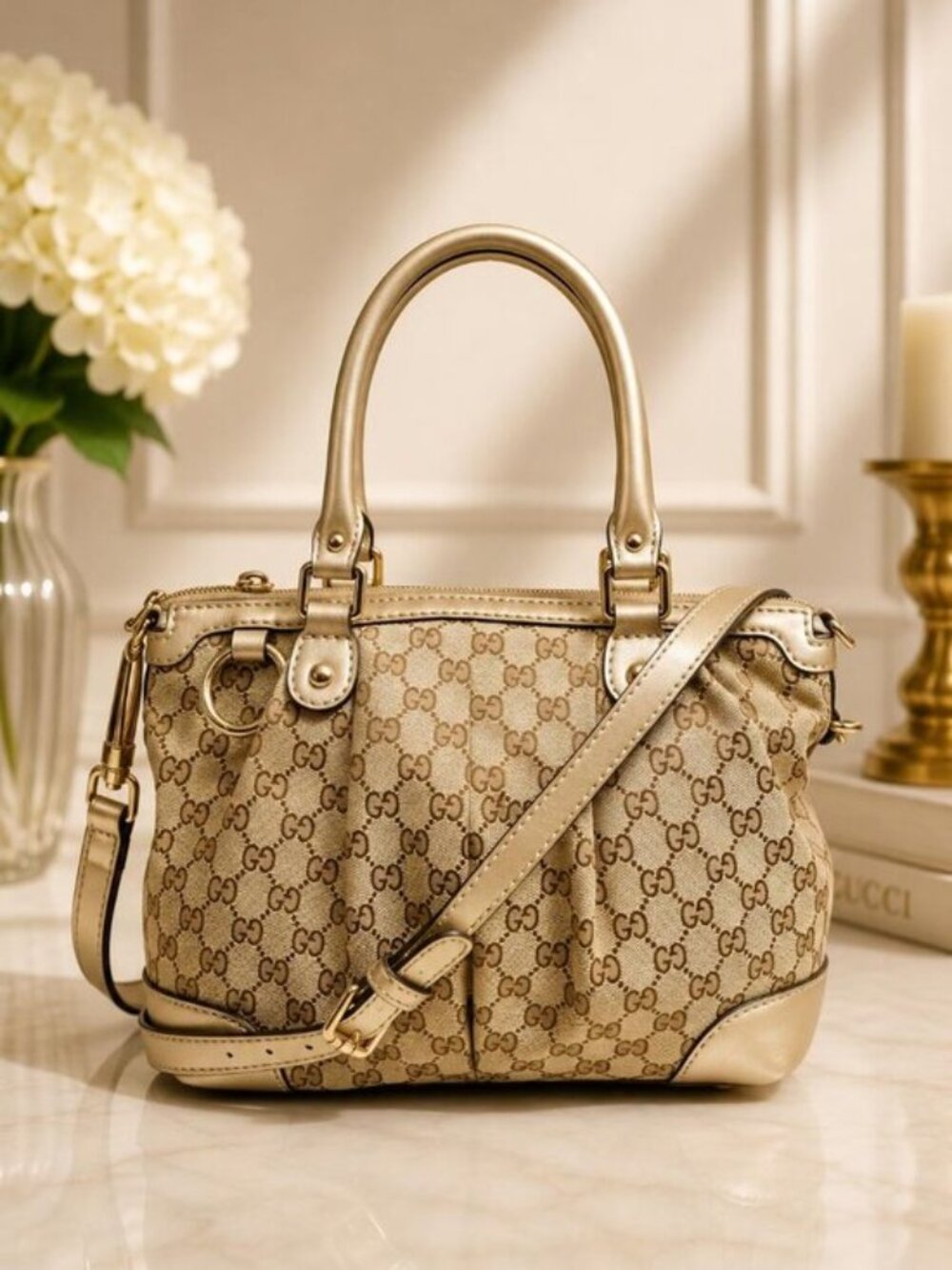 Authentic Gucci Sukey GG Canvas Leather Satchel Shoulder Crossbody Bag